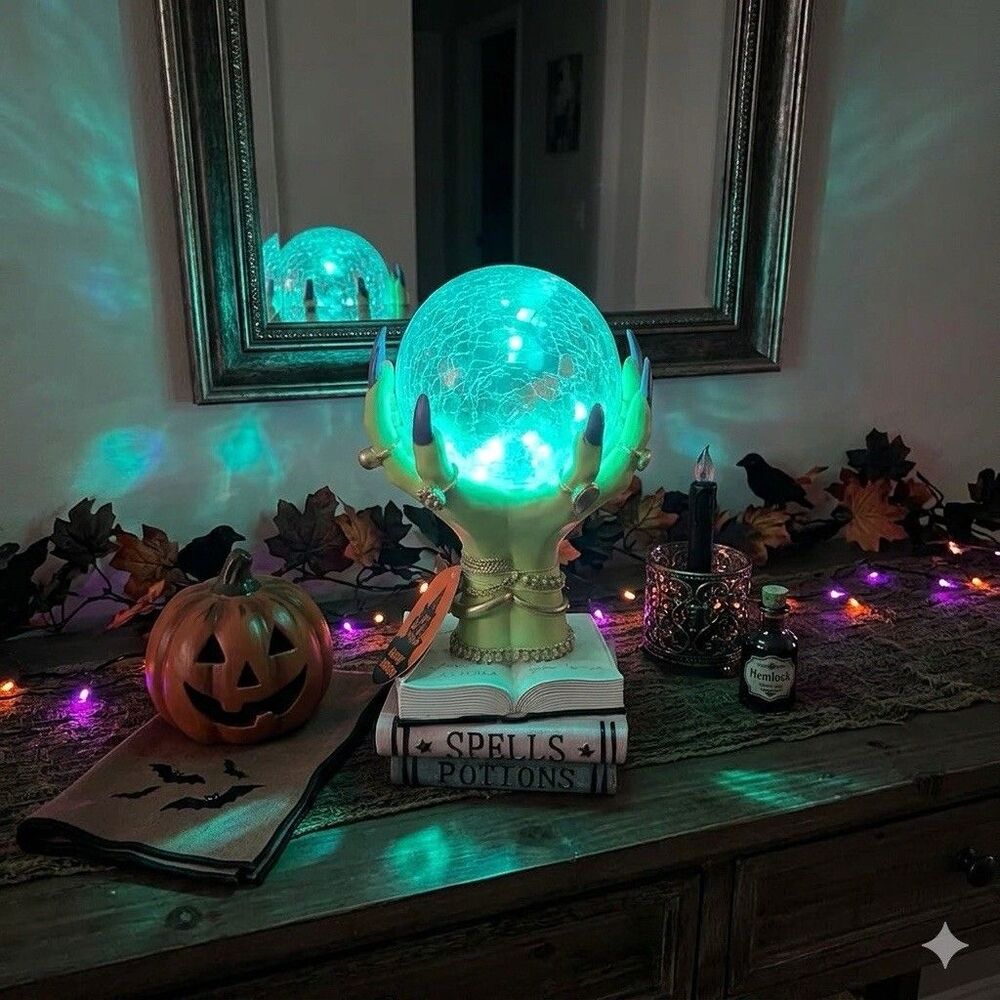Creepy Cottage Halloween Witch Hands Crystal Ball LED Color Changing Spell Books